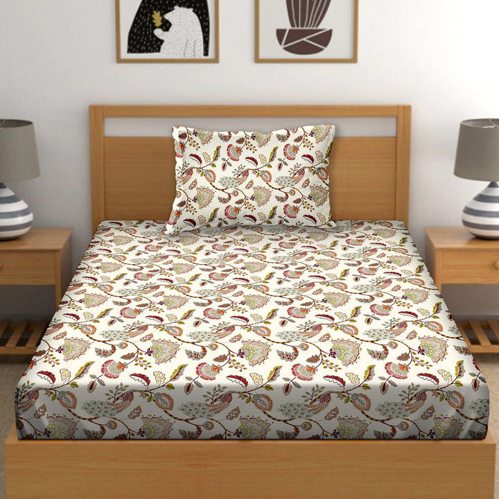 Bella Casa Single Size Cotton Bedsheet with 1 Pillow Cover Floral Desige Multi Colour - Stella Collection