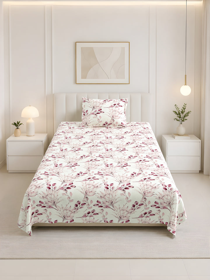 Bella Casa Fashion & Retail Ltd BEDSHEET 60 X 90 Inch / Pink / Cotton Bella Casa Single Size Cotton Bedsheet with 1 Pillow Cover Floral Design Pink Colour - Stella Collection