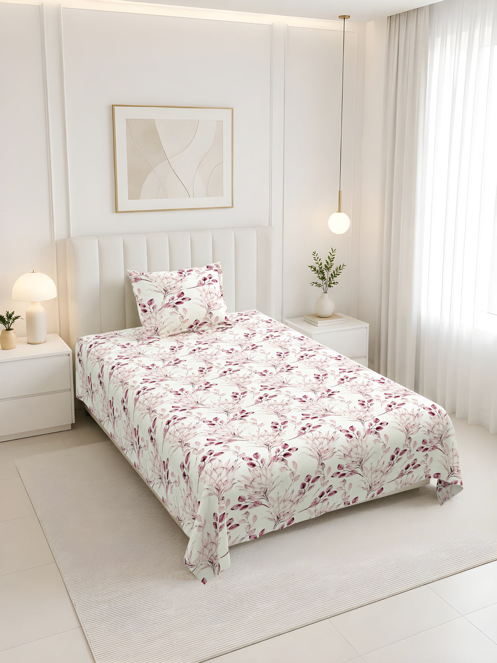 Bella Casa Fashion & Retail Ltd BEDSHEET 60 X 90 Inch / Pink / Cotton Bella Casa Single Size Cotton Bedsheet with 1 Pillow Cover Floral Design Pink Colour - Stella Collection