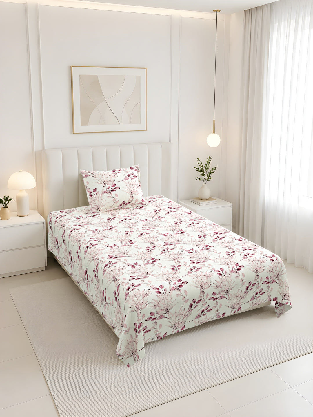 Bella Casa Fashion & Retail Ltd BEDSHEET 60 X 90 Inch / Pink / Cotton Bella Casa Single Size Cotton Bedsheet with 1 Pillow Cover Floral Design Pink Colour - Stella Collection