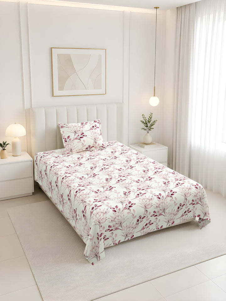 Bella Casa Fashion & Retail Ltd BEDSHEET 60 X 90 Inch / Pink / Cotton Bella Casa Single Size Cotton Bedsheet with 1 Pillow Cover Floral Design Pink Colour - Stella Collection