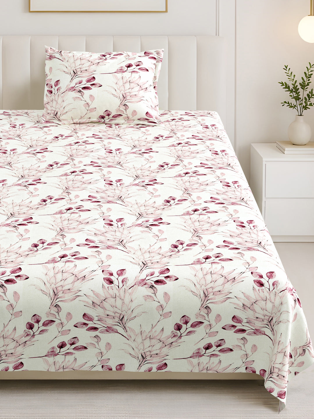 Bella Casa Fashion & Retail Ltd BEDSHEET 60 X 90 Inch / Pink / Cotton Bella Casa Single Size Cotton Bedsheet with 1 Pillow Cover Floral Design Pink Colour - Stella Collection