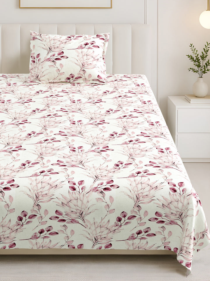 Bella Casa Fashion & Retail Ltd BEDSHEET 60 X 90 Inch / Pink / Cotton Bella Casa Single Size Cotton Bedsheet with 1 Pillow Cover Floral Design Pink Colour - Stella Collection