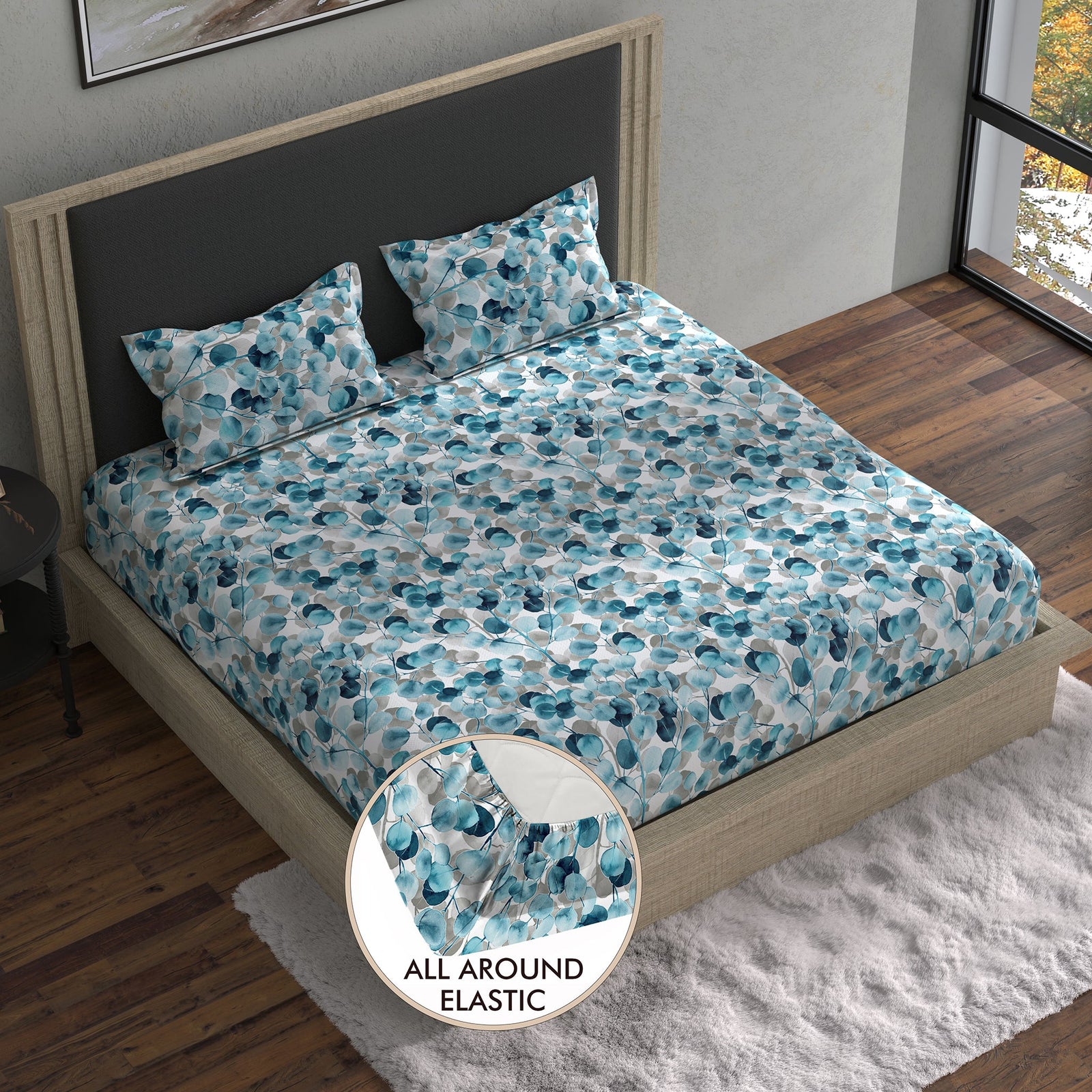 Bella Casa Fashion & Retail Ltd BEDSHEET 70 inch x 78 inch + 8 inch / Blue / Cotton Double Fitted Bedsheet with 2 Pillow Covers Cotton Floral Design Blue Colour - Stella Collection