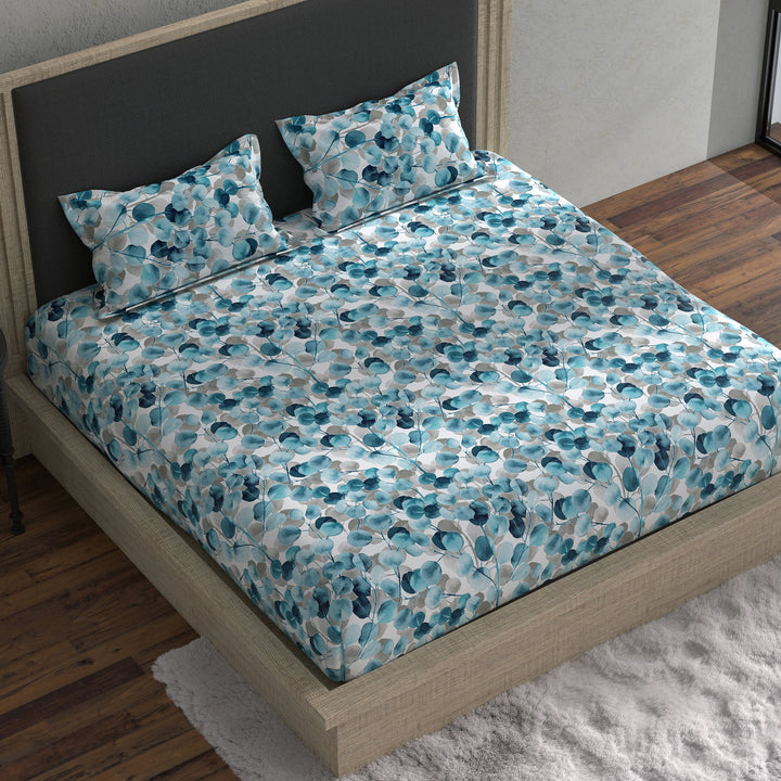 Bella Casa Fashion & Retail Ltd BEDSHEET 70 inch x 78 inch + 8 inch / Blue / Cotton Double Fitted Bedsheet with 2 Pillow Covers Cotton Floral Design Blue Colour - Stella Collection