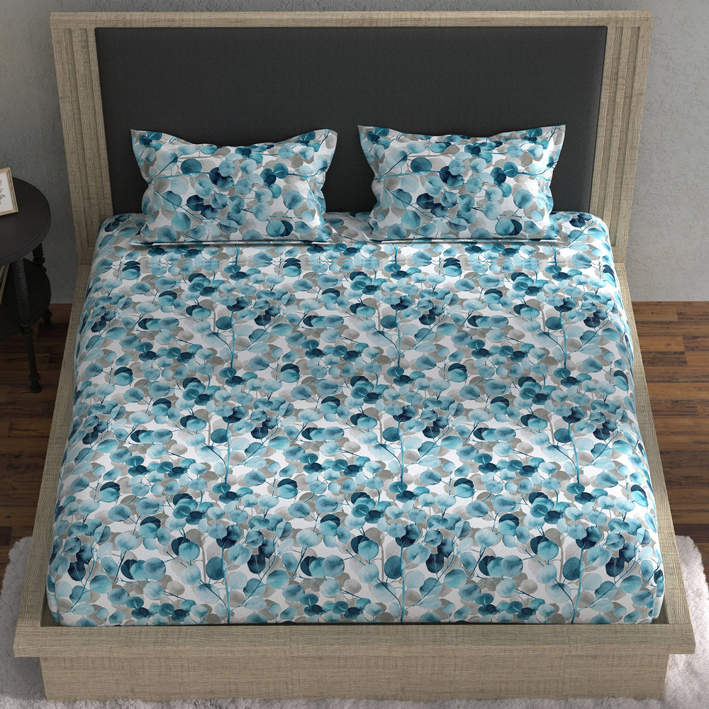 Bella Casa Fashion & Retail Ltd BEDSHEET 70 inch x 78 inch + 8 inch / Blue / Cotton Double Fitted Bedsheet with 2 Pillow Covers Cotton Floral Design Blue Colour - Stella Collection