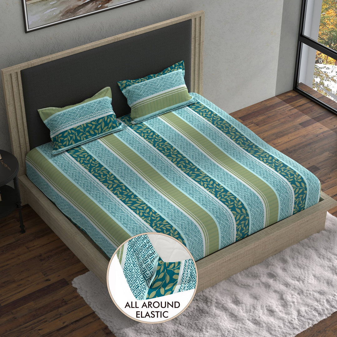 Bella Casa Fashion & Retail Ltd BEDSHEET 70 inch x 78 inch + 8 inch / Blue & Green / Cotton Double Fitted Bedsheet with 2 Pillow Covers Cotton Floral Design Blue & Green Colour - Stella Collection