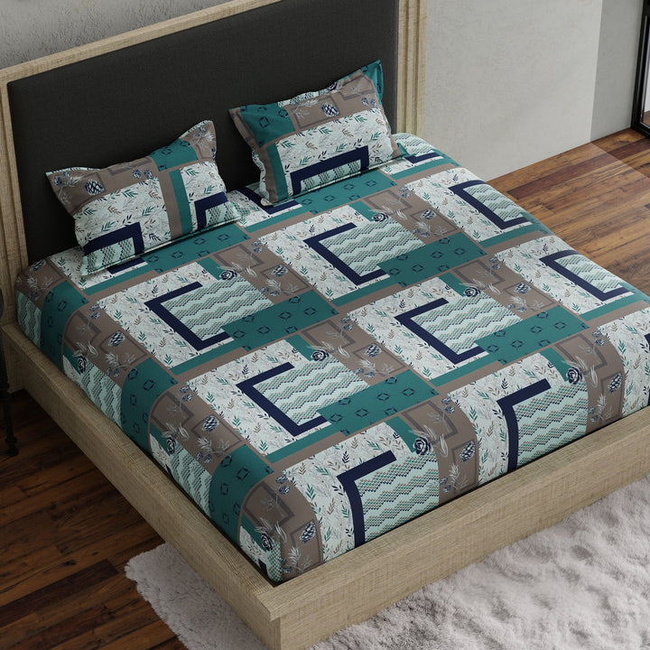 Bella Casa Fashion & Retail Ltd BEDSHEET 70 inch x 78 inch + 8 inch / Blue & Grey / Cotton Double Fitted Bedsheet with 2 Pillow Covers Cotton Geometrical Design Blue & Grey Colour - Stella Collection