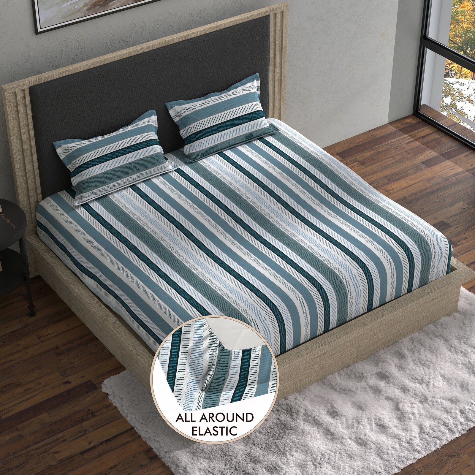 Bella Casa Fashion & Retail Ltd BEDSHEET 70 inch x 78 inch + 8 inch / Blue & Grey / Cotton Double Fitted Bedsheet with 2 Pillow Covers Cotton Strips Design Blue & Grey Colour - Stella Collection