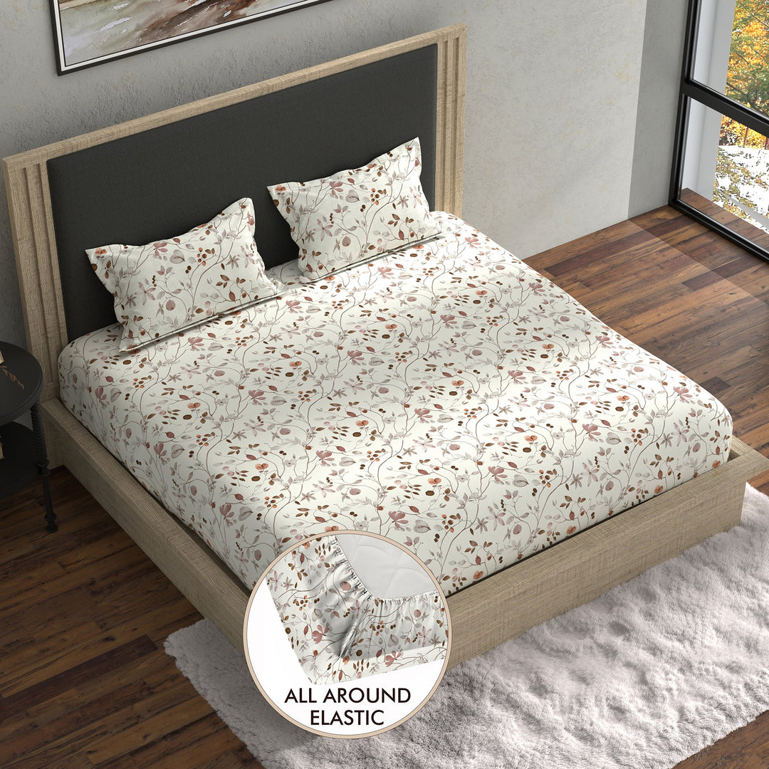 Bella Casa Fashion & Retail Ltd BEDSHEET 70 inch x 78 inch + 8 inch / Brown & White / Cotton Double Fitted Bedsheet with 2 Pillow Covers Cotton Floral Design Brown & White Colour - Stella Collection