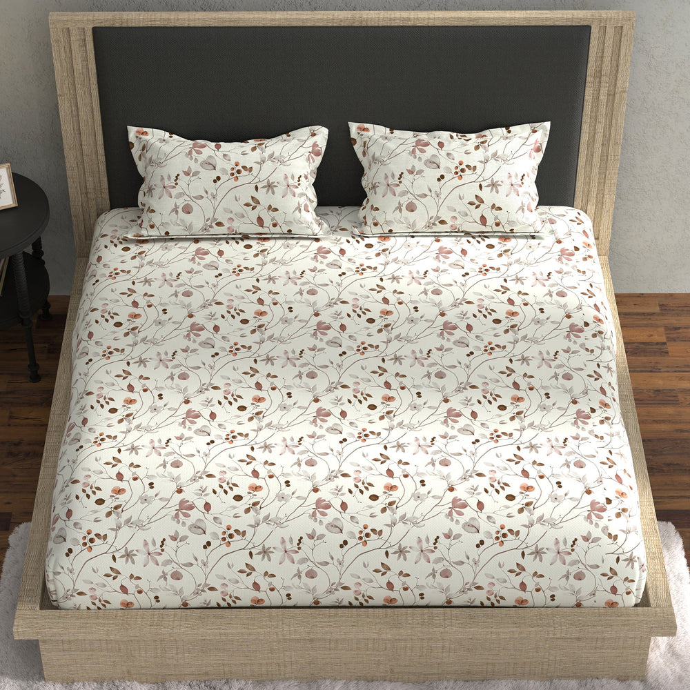 Bella Casa Fashion & Retail Ltd BEDSHEET 70 inch x 78 inch + 8 inch / Brown & White / Cotton Double Fitted Bedsheet with 2 Pillow Covers Cotton Floral Design Brown & White Colour - Stella Collection