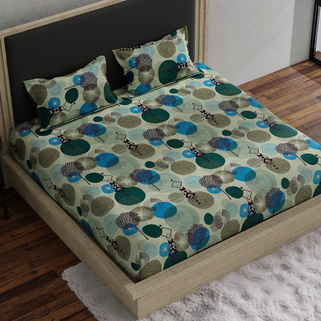 Bella Casa Fashion & Retail Ltd BEDSHEET 70 inch x 78 inch + 8 inch / Green & Blue / Cotton Double Fitted Bedsheet with 2 Pillow Covers Cotton Abstract Design Green & Blue Colour - Stella Collection
