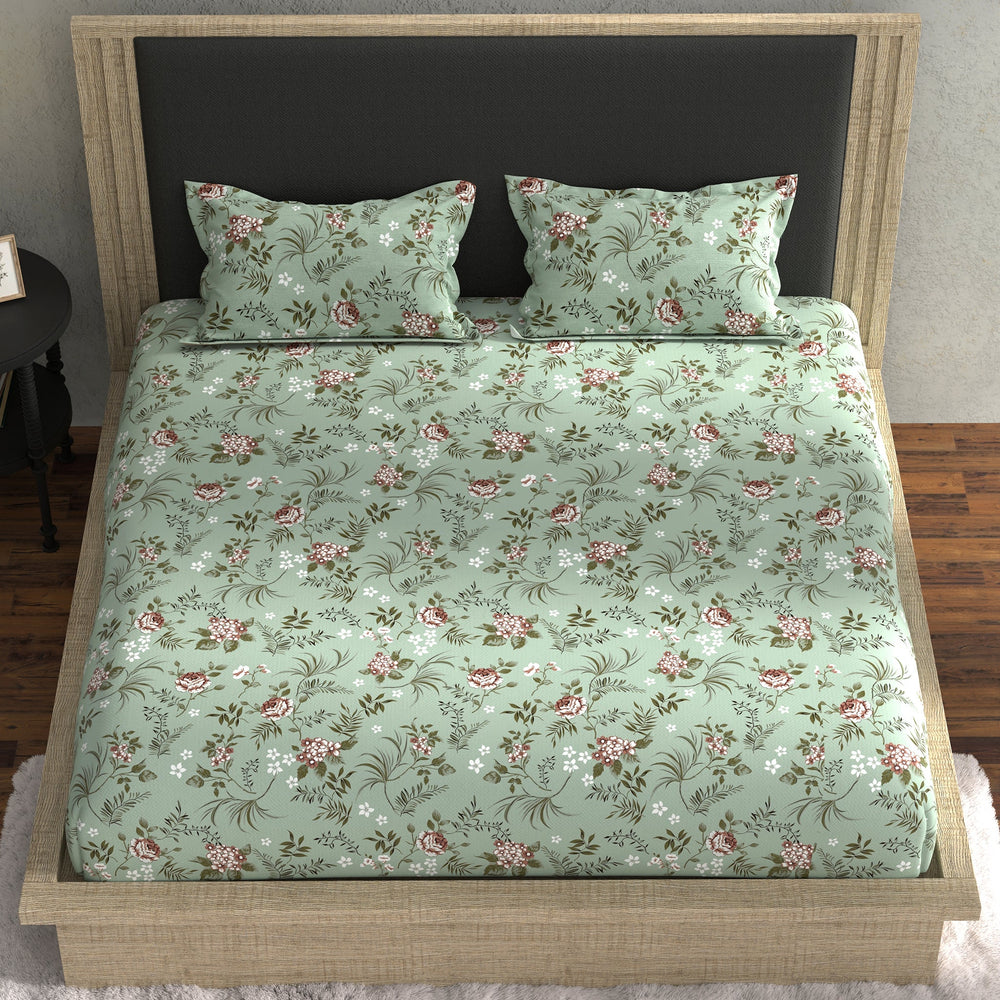 Bella Casa Fashion & Retail Ltd BEDSHEET 70 inch x 78 inch + 8 inch / Green / Cotton Double Fitted Bedsheet with 2 Pillow Covers Cotton Floral Design Green Colour - Stella Collection