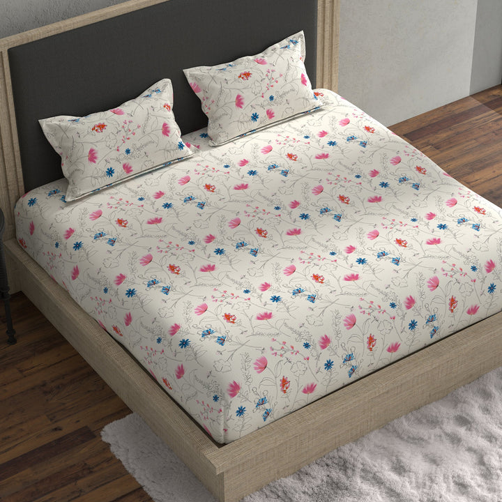 Bella Casa Fashion & Retail Ltd BEDSHEET 70 inch x 78 inch + 8 inch / Pink & Blue / Cotton Double Fitted Bedsheet with 2 Pillow Covers Cotton Floral Design Pink & Blue Colour - Stella Collection
