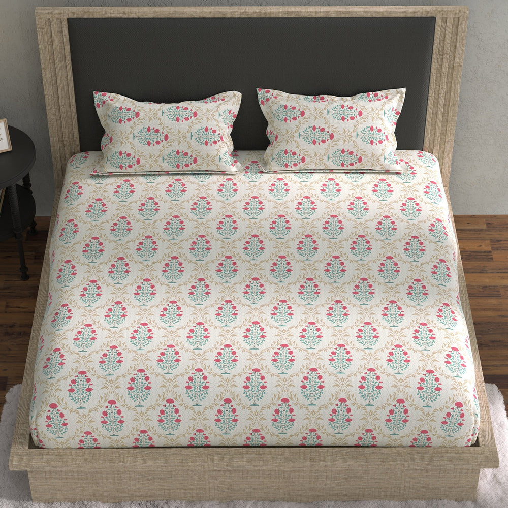 Bella Casa Fashion & Retail Ltd BEDSHEET 70 inch x 78 inch + 8 inch / Pink & Green / Cotton Double Fitted Bedsheet with 2 Pillow Covers Cotton Floral Design Pink & Green Colour - Stella Collection
