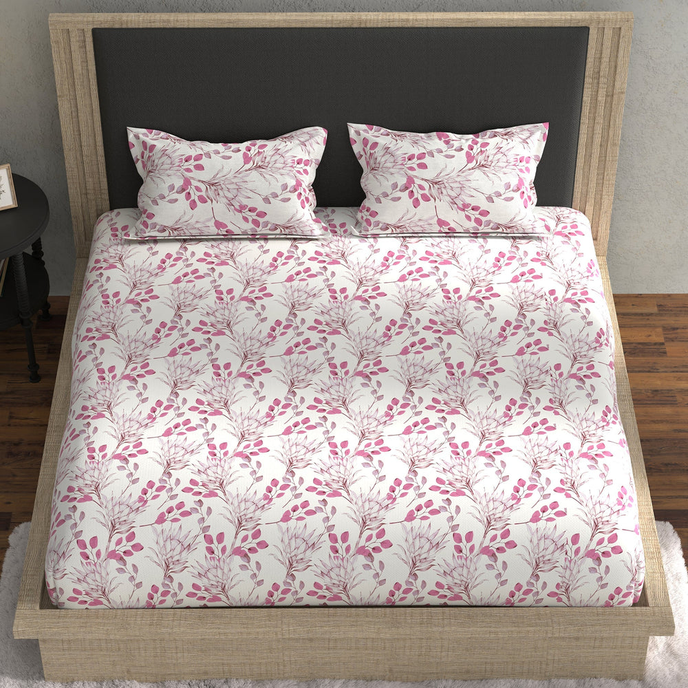 Bella Casa Fashion & Retail Ltd BEDSHEET 70 inch x 78 inch + 8 inch / Pink & White / Cotton Double Fitted Bedsheet with 2 Pillow Covers Cotton Floral Design Blue & White Colour - Stella Collection