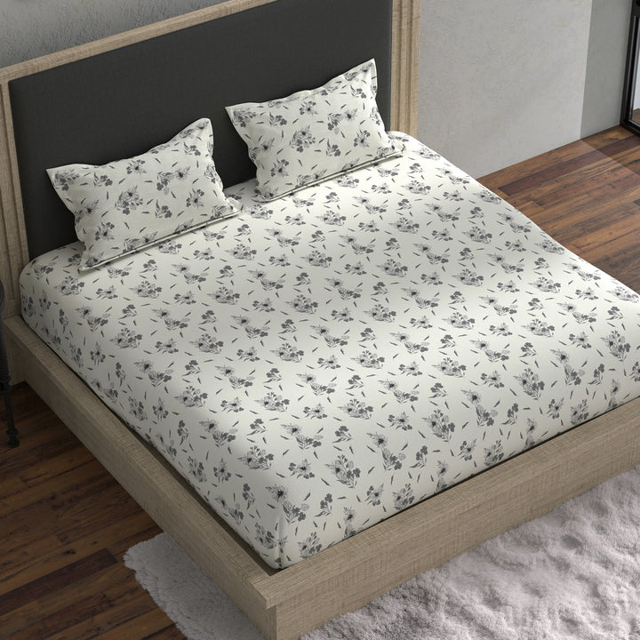 Bella Casa Fashion & Retail Ltd BEDSHEET 70 inch x 78 inch + 8 inch / White & Grey / Cotton Double Fitted Bedsheet with 2 Pillow Covers Cotton Floral Design White & Grey Colour - Stella Collection