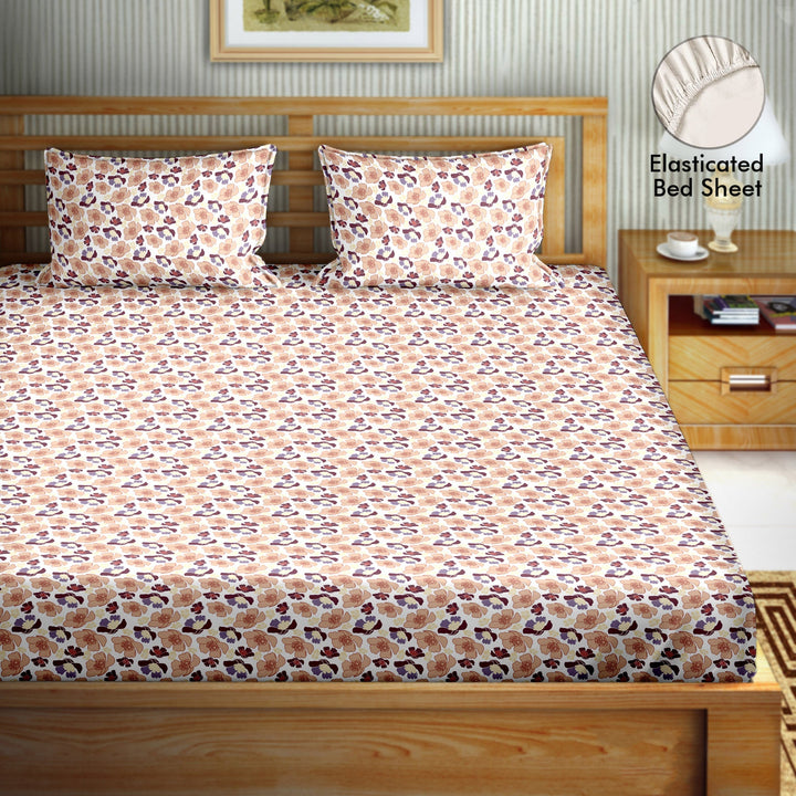 Bella Casa Fashion & Retail Ltd  BEDSHEET 72 inch x 78 inch + 10 inch / Beige / 100 % Cotton Bella Casa Double Fitted Bedsheet Set 100 % Cotton with 2 Pillow Covers Floral Design Beige Colour - Scarlet Collection