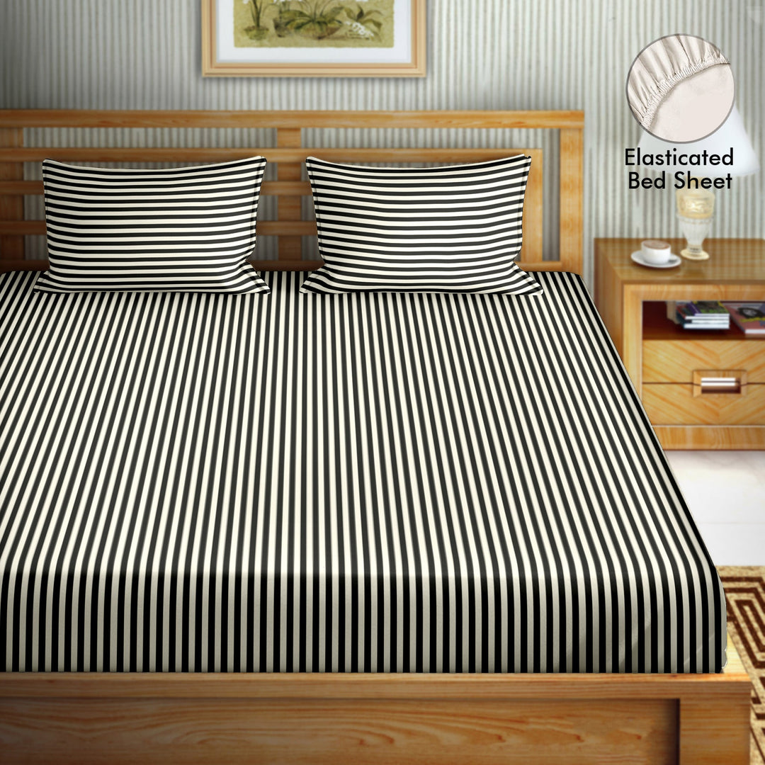 Bella Casa Fashion & Retail Ltd  BEDSHEET 72 inch x 78 inch + 10 inch / Black / 100 % Cotton Bella Casa Double Fitted Bedsheet Set 100 % Cotton with 2 Pillow Covers Strips Design Black Colour - Scarlet Collection