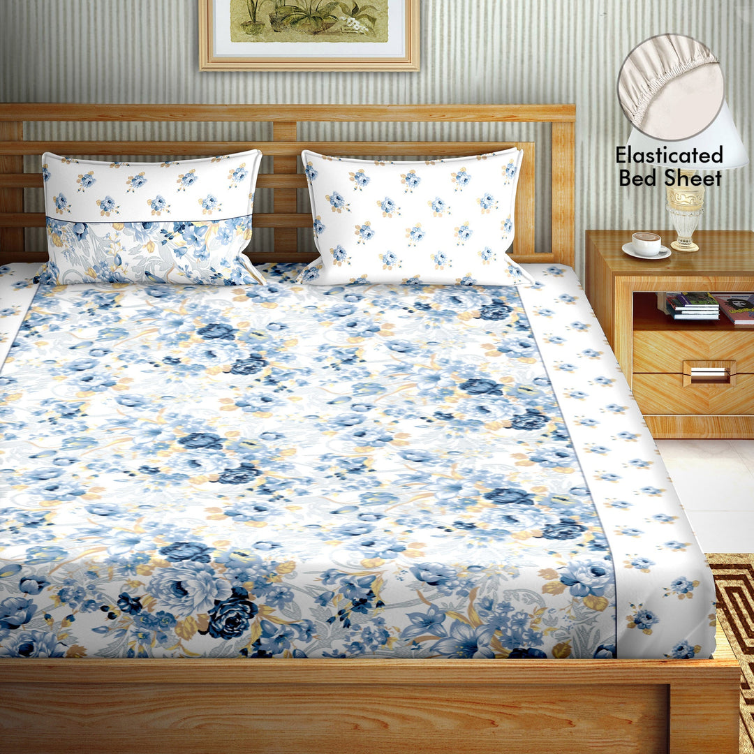 Bella Casa Fashion & Retail Ltd  BEDSHEET 72 inch x 78 inch + 10 inch / Blue / 100 % Cotton Bella Casa Double Fitted Bedsheet Set 100 % Cotton with 2 Pillow Covers Floral Design Blue Colour - Scarlet Collection