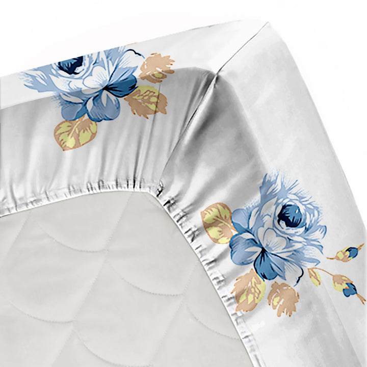 Bella Casa Fashion & Retail Ltd  BEDSHEET 72 inch x 78 inch + 10 inch / Blue / 100 % Cotton Bella Casa Double Fitted Bedsheet Set 100 % Cotton with 2 Pillow Covers Floral Design Blue Colour - Scarlet Collection