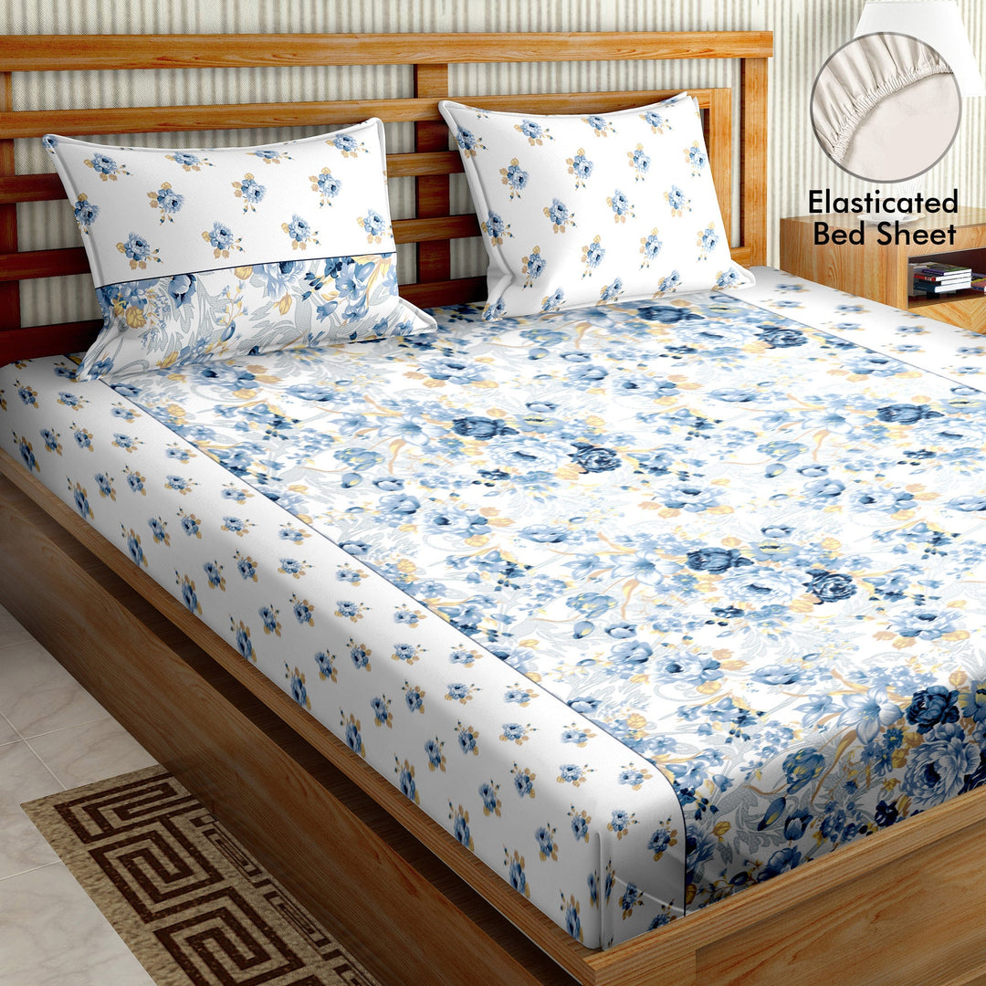 Bella Casa Fashion & Retail Ltd  BEDSHEET 72 inch x 78 inch + 10 inch / Blue / 100 % Cotton Bella Casa Double Fitted Bedsheet Set 100 % Cotton with 2 Pillow Covers Floral Design Blue Colour - Scarlet Collection