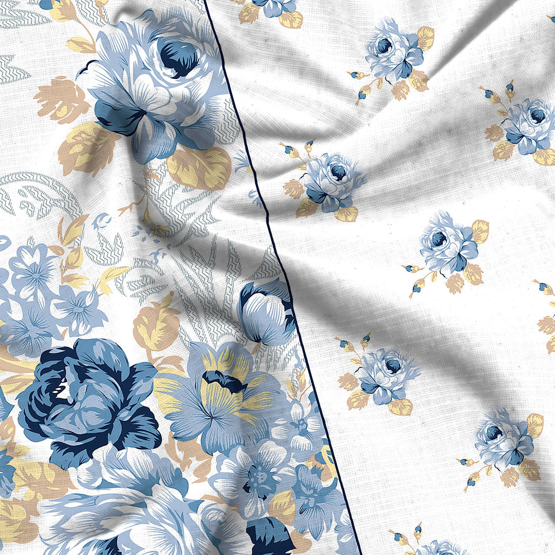 Bella Casa Fashion & Retail Ltd  BEDSHEET 72 inch x 78 inch + 10 inch / Blue / 100 % Cotton Bella Casa Double Fitted Bedsheet Set 100 % Cotton with 2 Pillow Covers Floral Design Blue Colour - Scarlet Collection