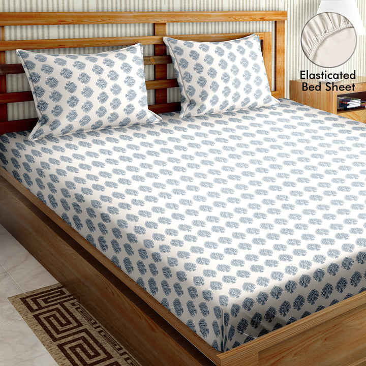 Bella Casa Fashion & Retail Ltd  BEDSHEET 72 inch x 78 inch + 10 inch / Blue / 100 % Cotton Bella Casa Double Fitted Bedsheet Set 100 % Cotton with 2 Pillow Covers Paisely Design Blue Colour - Scarlet Collection