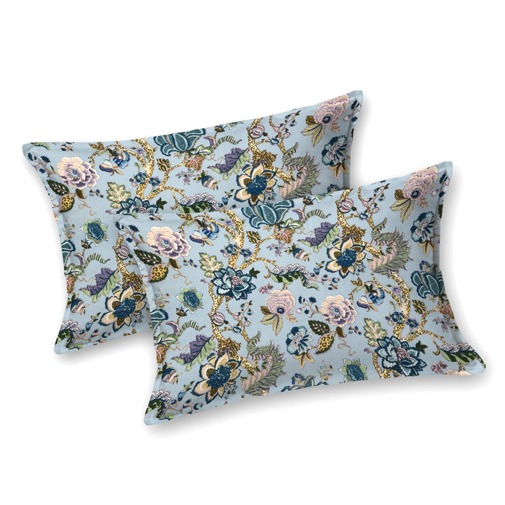 Bella Casa Fashion & Retail Ltd BEDSHEET 72 inch x 78 inch + 10 inch / Blue / 100 % Pure Cotton Double Fitted Bedsheet Set 100% Cotton with 2 Pillow Covers Floral Design Blue Colour - Scarlet Collection