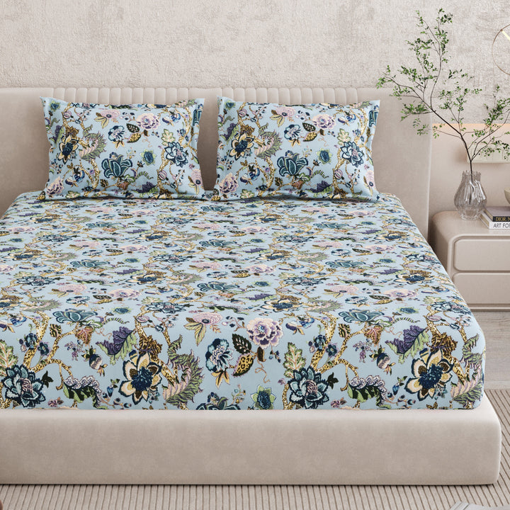 Bella Casa Fashion & Retail Ltd BEDSHEET 72 inch x 78 inch + 10 inch / Blue / 100 % Pure Cotton Double Fitted Bedsheet Set 100% Cotton with 2 Pillow Covers Floral Design Blue Colour - Scarlet Collection