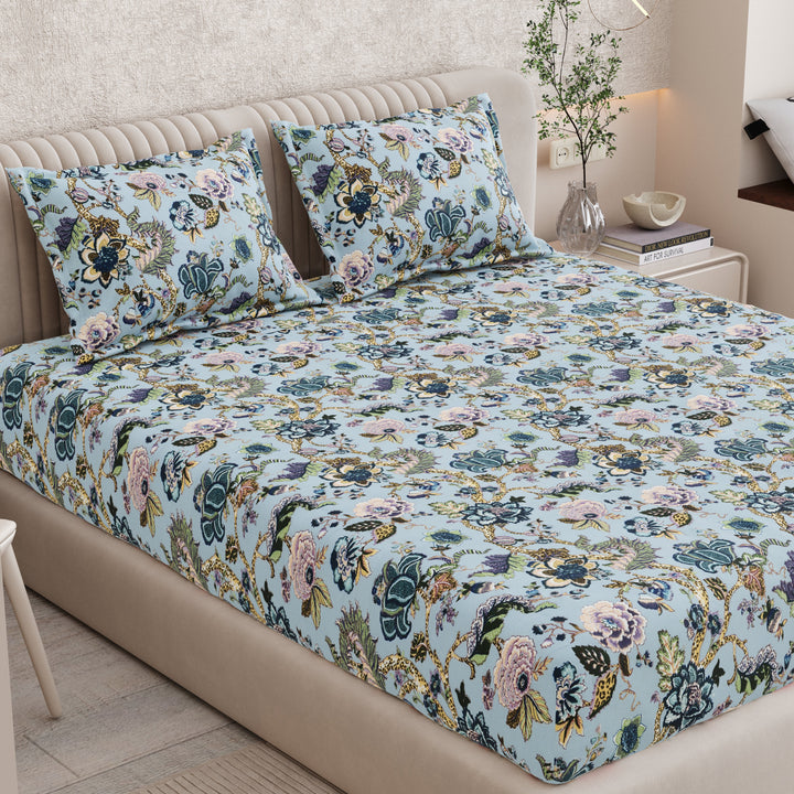 Bella Casa Fashion & Retail Ltd BEDSHEET 72 inch x 78 inch + 10 inch / Blue / 100 % Pure Cotton Double Fitted Bedsheet Set 100% Cotton with 2 Pillow Covers Floral Design Blue Colour - Scarlet Collection