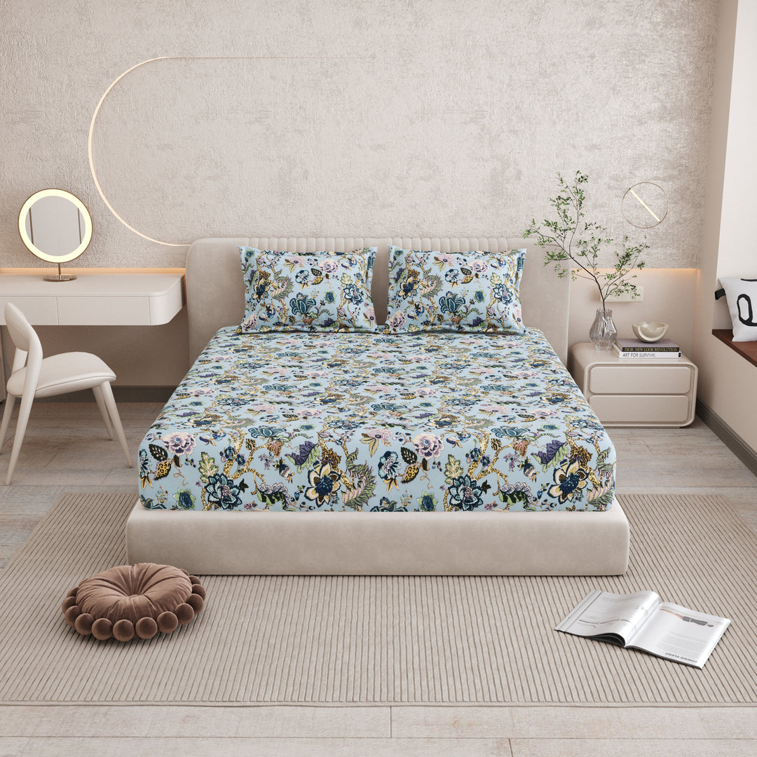 Bella Casa Fashion & Retail Ltd BEDSHEET 72 inch x 78 inch + 10 inch / Blue / 100 % Pure Cotton Double Fitted Bedsheet Set 100% Cotton with 2 Pillow Covers Floral Design Blue Colour - Scarlet Collection