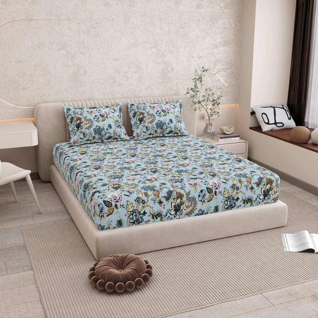 Bella Casa Fashion & Retail Ltd BEDSHEET 72 inch x 78 inch + 10 inch / Blue / 100 % Pure Cotton Double Fitted Bedsheet Set 100% Cotton with 2 Pillow Covers Floral Design Blue Colour - Scarlet Collection