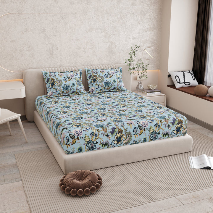 Bella Casa Fashion & Retail Ltd BEDSHEET 72 inch x 78 inch + 10 inch / Blue / 100 % Pure Cotton Double Fitted Bedsheet Set 100% Cotton with 2 Pillow Covers Floral Design Blue Colour - Scarlet Collection