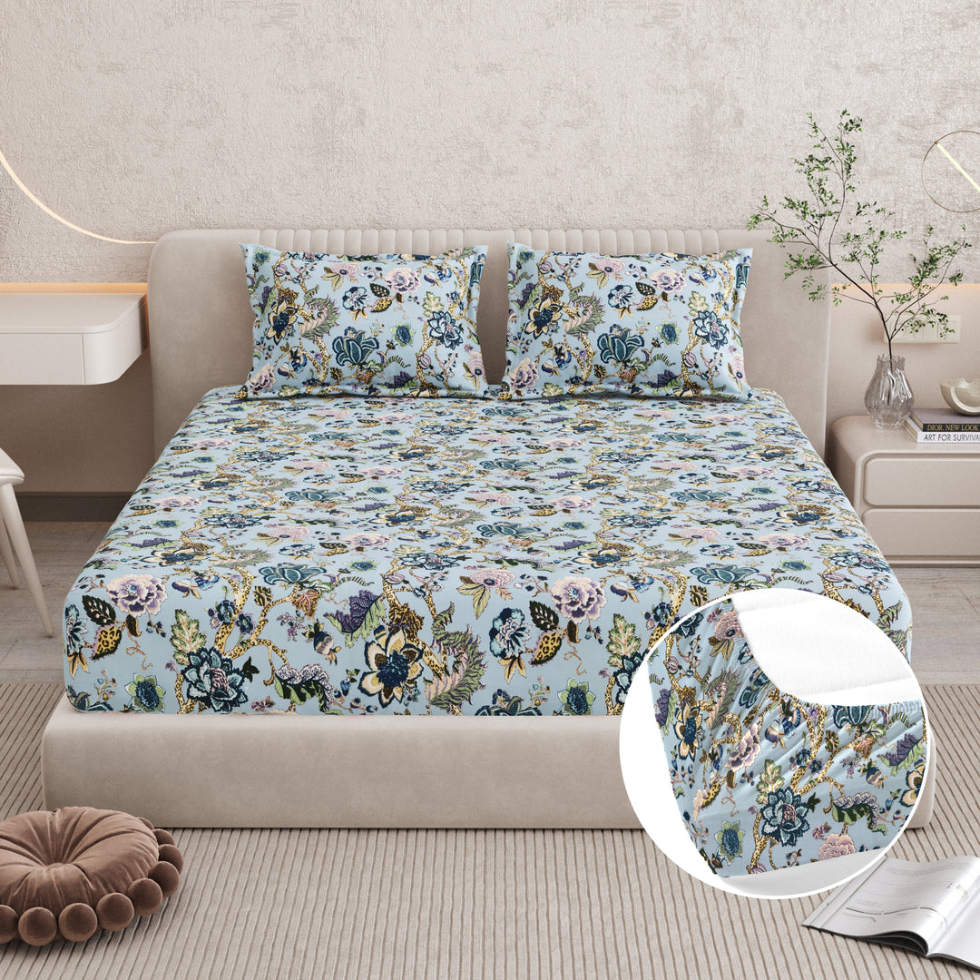 Bella Casa Fashion & Retail Ltd BEDSHEET 72 inch x 78 inch + 10 inch / Blue / 100 % Pure Cotton Double Fitted Bedsheet Set 100% Cotton with 2 Pillow Covers Floral Design Blue Colour - Scarlet Collection