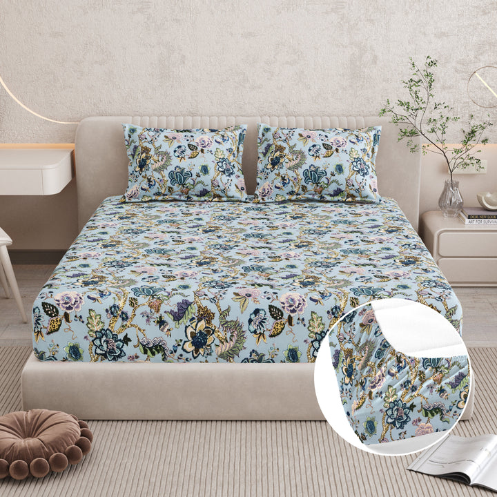 Bella Casa Fashion & Retail Ltd BEDSHEET 72 inch x 78 inch + 10 inch / Blue / 100 % Pure Cotton Double Fitted Bedsheet Set 100% Cotton with 2 Pillow Covers Floral Design Blue Colour - Scarlet Collection