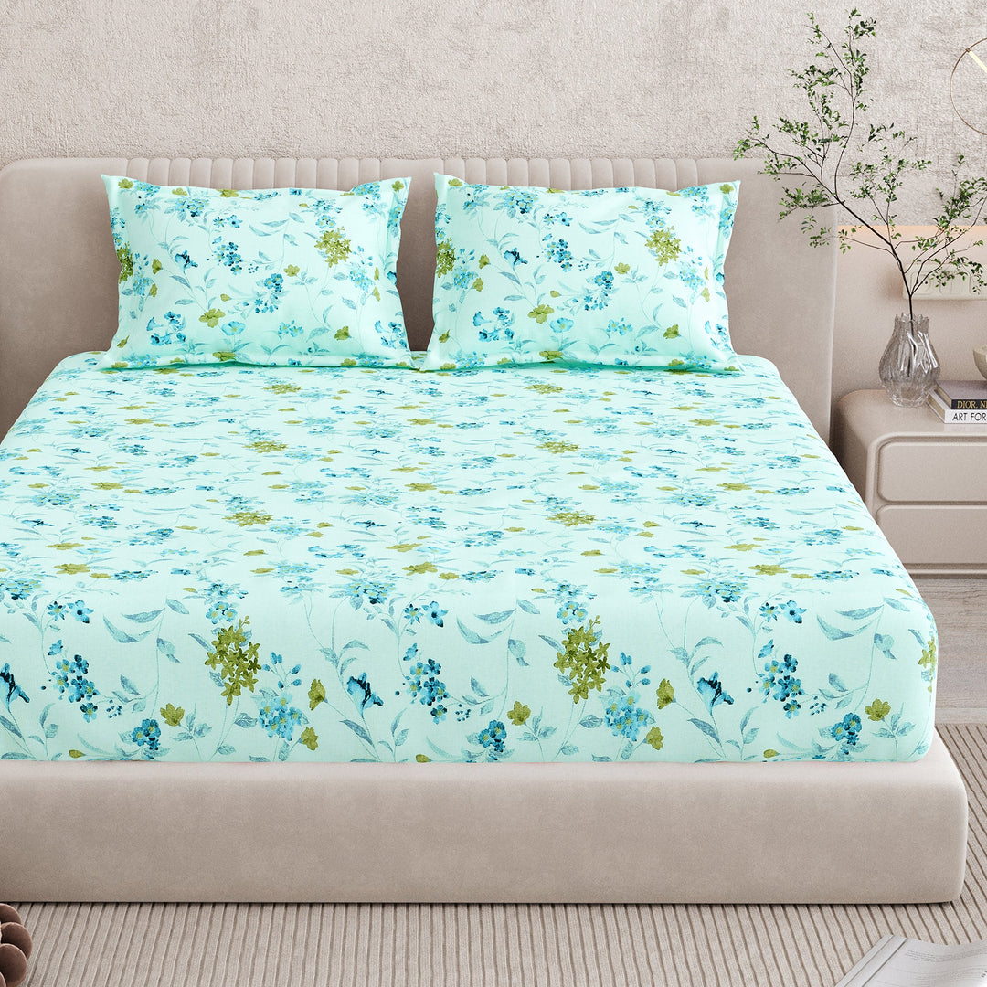 Bella Casa Fashion & Retail Ltd BEDSHEET 72 inch x 78 inch + 10 inch / Blue / 100 % Pure Cotton Double Fitted Bedsheet Set 100% Cotton with 2 Pillow Covers Floral Design Blue Colour - Scarlet Collection