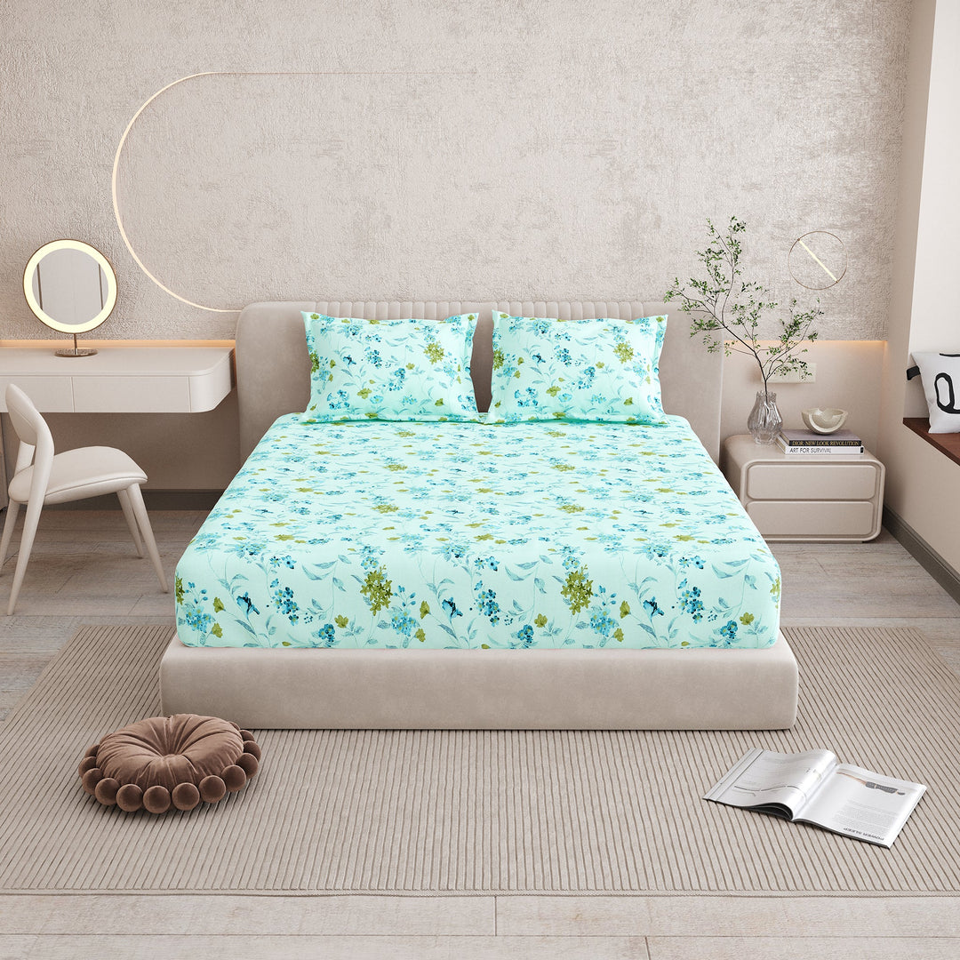 Bella Casa Fashion & Retail Ltd BEDSHEET 72 inch x 78 inch + 10 inch / Blue / 100 % Pure Cotton Double Fitted Bedsheet Set 100% Cotton with 2 Pillow Covers Floral Design Blue Colour - Scarlet Collection