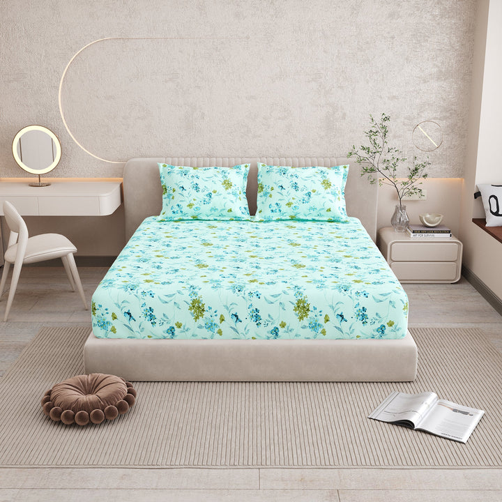 Bella Casa Fashion & Retail Ltd BEDSHEET 72 inch x 78 inch + 10 inch / Blue / 100 % Pure Cotton Double Fitted Bedsheet Set 100% Cotton with 2 Pillow Covers Floral Design Blue Colour - Scarlet Collection