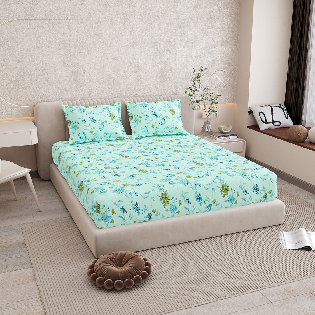 Bella Casa Fashion & Retail Ltd BEDSHEET 72 inch x 78 inch + 10 inch / Blue / 100 % Pure Cotton Double Fitted Bedsheet Set 100% Cotton with 2 Pillow Covers Floral Design Blue Colour - Scarlet Collection