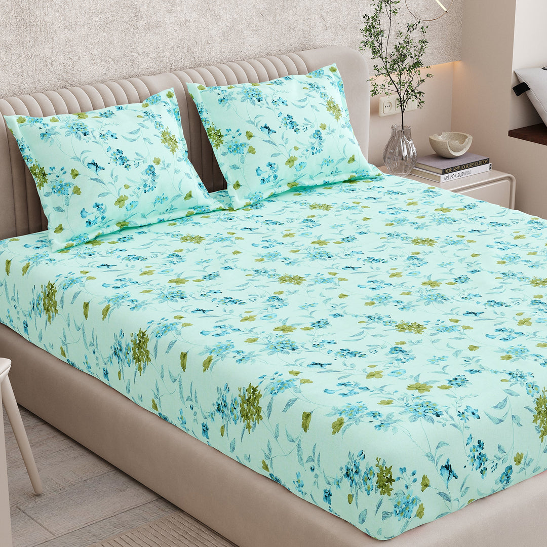 Bella Casa Fashion & Retail Ltd BEDSHEET 72 inch x 78 inch + 10 inch / Blue / 100 % Pure Cotton Double Fitted Bedsheet Set 100% Cotton with 2 Pillow Covers Floral Design Blue Colour - Scarlet Collection