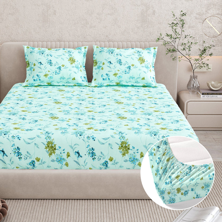 Bella Casa Fashion & Retail Ltd BEDSHEET 72 inch x 78 inch + 10 inch / Blue / 100 % Pure Cotton Double Fitted Bedsheet Set 100% Cotton with 2 Pillow Covers Floral Design Blue Colour - Scarlet Collection
