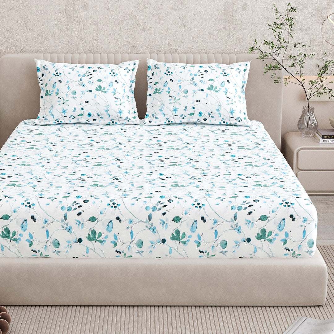 Bella Casa Fashion & Retail Ltd BEDSHEET 72 inch x 78 inch + 10 inch / Blue / 100 % Pure Cotton Double Fitted Bedsheet Set 100% Cotton with 2 Pillow Covers Floral Design Blue Colour - Scarlet Collection