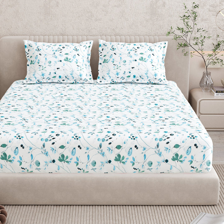 Bella Casa Fashion & Retail Ltd BEDSHEET 72 inch x 78 inch + 10 inch / Blue / 100 % Pure Cotton Double Fitted Bedsheet Set 100% Cotton with 2 Pillow Covers Floral Design Blue Colour - Scarlet Collection