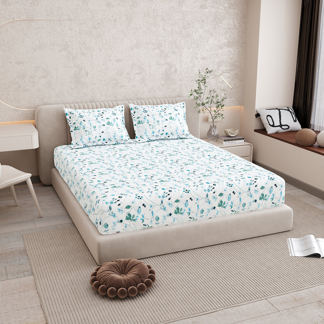 Bella Casa Fashion & Retail Ltd BEDSHEET 72 inch x 78 inch + 10 inch / Blue / 100 % Pure Cotton Double Fitted Bedsheet Set 100% Cotton with 2 Pillow Covers Floral Design Blue Colour - Scarlet Collection
