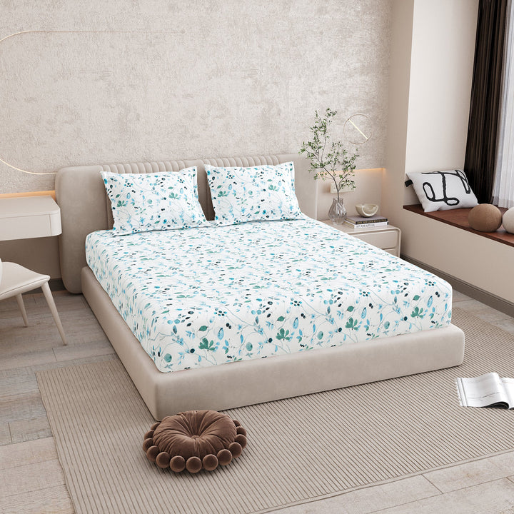 Bella Casa Fashion & Retail Ltd BEDSHEET 72 inch x 78 inch + 10 inch / Blue / 100 % Pure Cotton Double Fitted Bedsheet Set 100% Cotton with 2 Pillow Covers Floral Design Blue Colour - Scarlet Collection