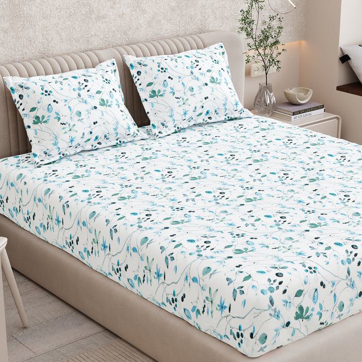 Bella Casa Fashion & Retail Ltd BEDSHEET 72 inch x 78 inch + 10 inch / Blue / 100 % Pure Cotton Double Fitted Bedsheet Set 100% Cotton with 2 Pillow Covers Floral Design Blue Colour - Scarlet Collection