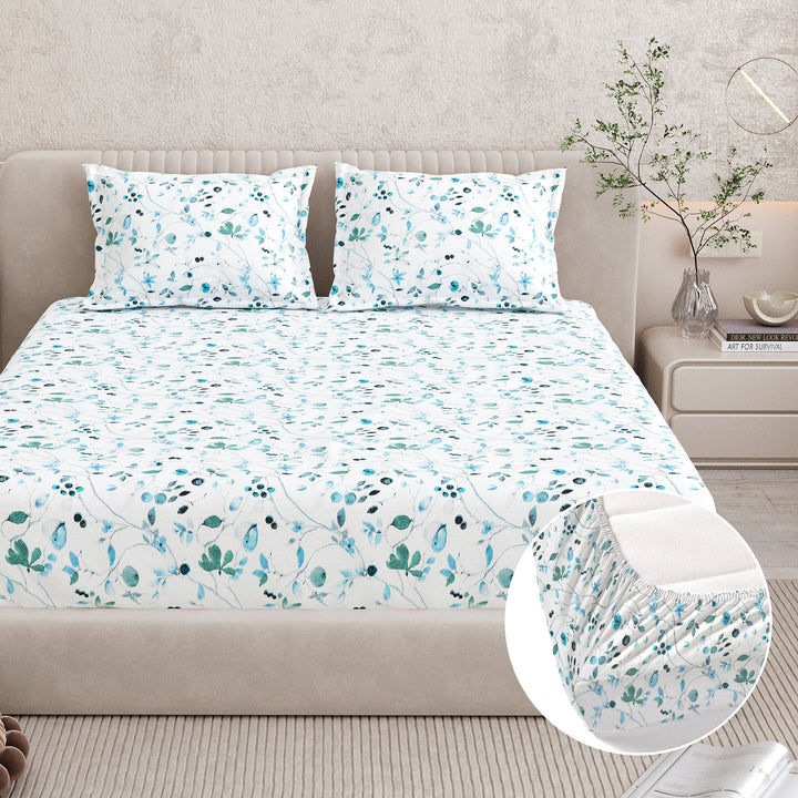 Bella Casa Fashion & Retail Ltd BEDSHEET 72 inch x 78 inch + 10 inch / Blue / 100 % Pure Cotton Double Fitted Bedsheet Set 100% Cotton with 2 Pillow Covers Floral Design Blue Colour - Scarlet Collection