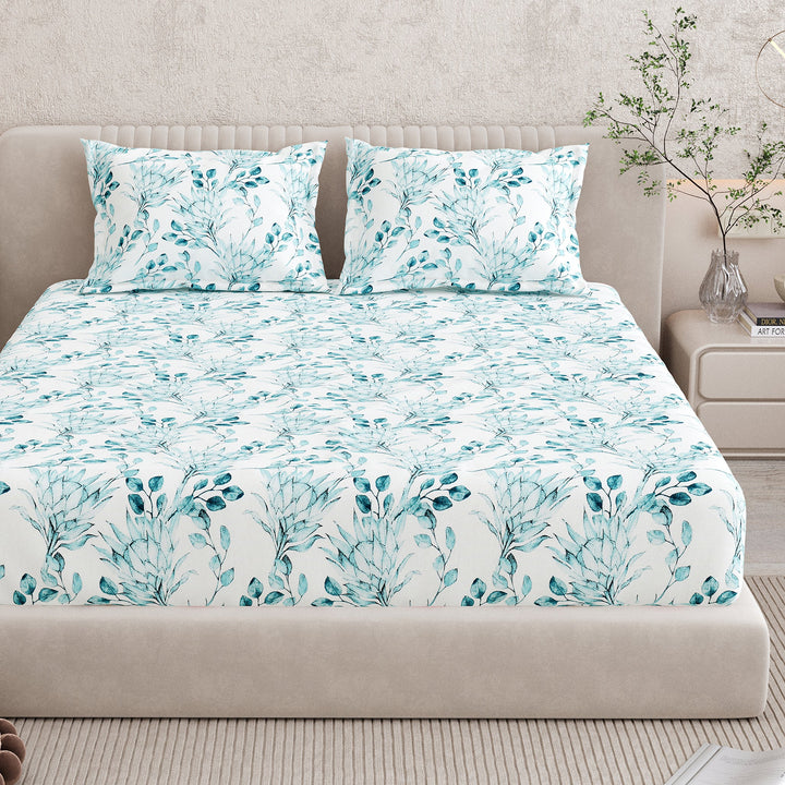 Bella Casa Fashion & Retail Ltd BEDSHEET 72 inch x 78 inch + 10 inch / Blue / 100 % Pure Cotton Double Fitted Bedsheet Set 100% Cotton with 2 Pillow Covers Floral Design Blue Colour - Scarlet Collection