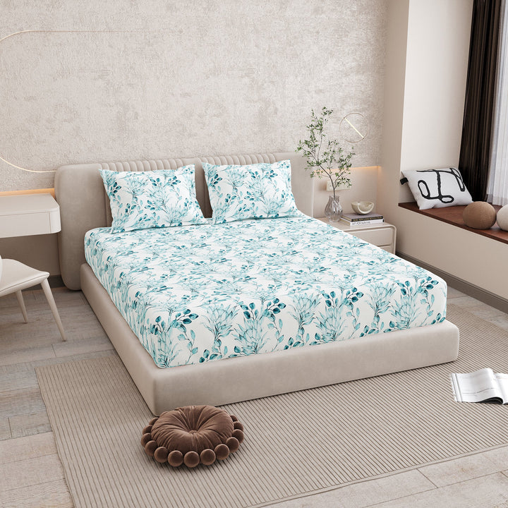 Bella Casa Fashion & Retail Ltd BEDSHEET 72 inch x 78 inch + 10 inch / Blue / 100 % Pure Cotton Double Fitted Bedsheet Set 100% Cotton with 2 Pillow Covers Floral Design Blue Colour - Scarlet Collection